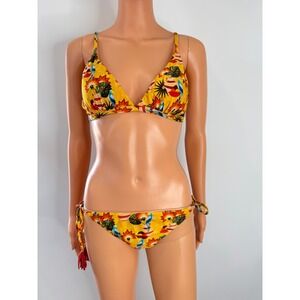 Rio de Sol Yellow Tropical Parrot Print Bikini Set Tassel Side Tie Two Piece